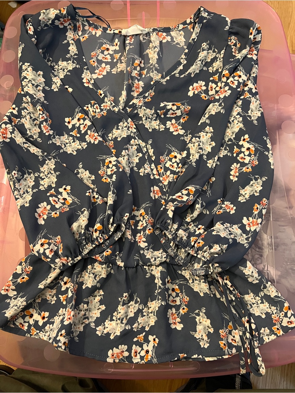 Sienna Sky Cross Over Tie Top 3/4 Slv, Elastic Ruffle, Blue Floral XS